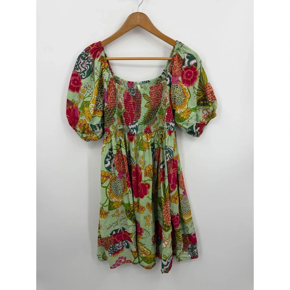 Uncle Frank 75582 Smocked Mini Dress Womens M Green Tropical floral Puff Sleeve